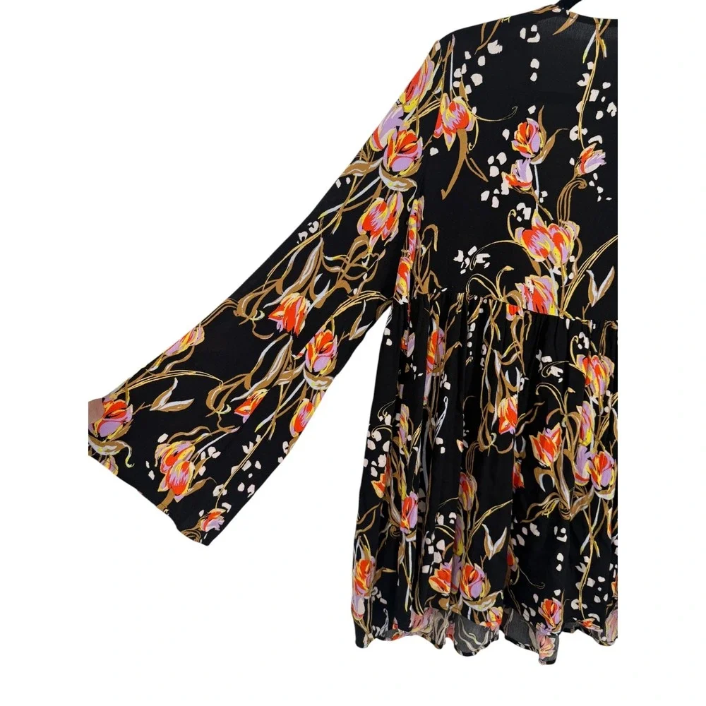 Free People Bella Floral Babydoll Tunic Top Mini Dress Black V-Neck Size Medium